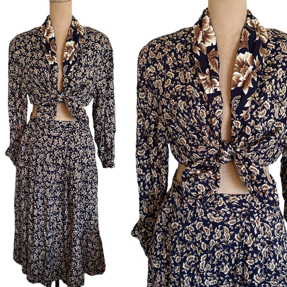 80-90s Vintage Navy & Tan Floral Two Piece Midi Skirt Set